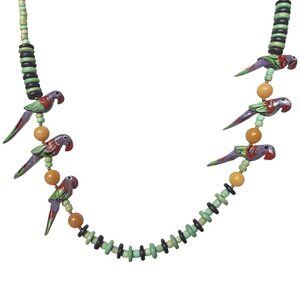 Vintage Wooden Carved Parrot Beaded Necklace